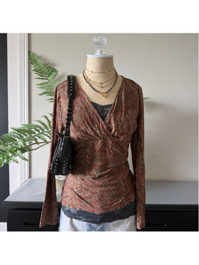 Vintage Fairycore Burnt Orange Babydoll Long Sleeve Top Paisley Whimsy Size S